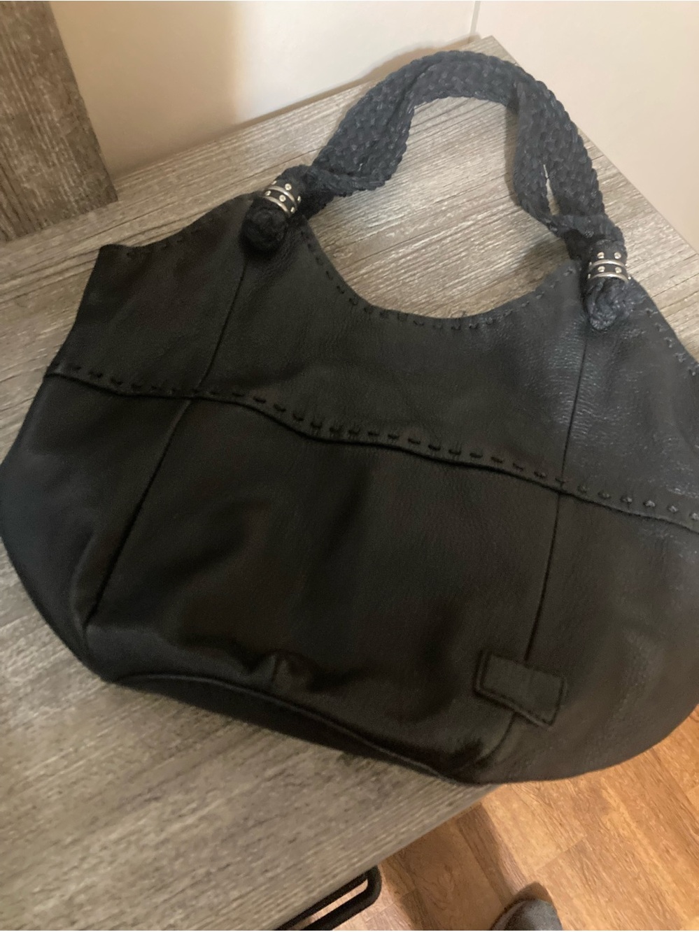 Women’s Black Leather Tote Bag with Braided Handles